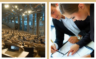 Photo montage of the interior of the Scottish Parliament debating chamber and stock image of business discussion