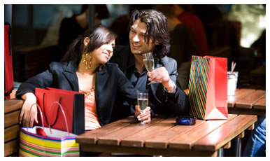 Photograph of a couple relaxing in a bar after shopping