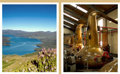 Photo montage of a Scottish whisky distillery and a Scottish landscape